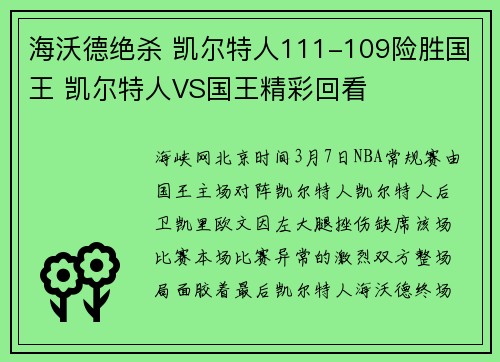 海沃德绝杀 凯尔特人111-109险胜国王 凯尔特人VS国王精彩回看